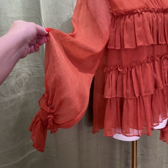 Adam Lippes Orange Cuffed Sleeve Blouse with Mandarin Collar, US0 - Picture 14 of 16